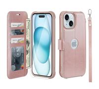 VANAVAGY Compatible for iPhone 15 Plus/14 Plus Wallet Case, 12ft Drop Protection, RFID Blocking PU Leather Flip Cover, Card Holder & Kickstand, Shockproof Phone Case,Rose Gold