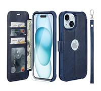 VANAVAGY Compatible for iPhone 15 Plus/14 Plus Wallet Case, 12ft Drop Protection, RFID Blocking PU Leather Flip Cover, Card Holder & Kickstand, Shockproof Phone Case,Navy Blue