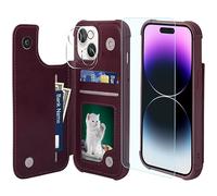 VANAVAGY Compatible for iPhone 15 Wallet Case,Leather Flip Folio Shockproof Phone Cover Fit Magnetic Car Mount with Credit Card Holder, Burgundy