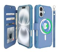 VANAVAGY Compatible for iPhone 16 Plus Wallet Case for Magsafe Wireless Charging,Leather Flip[Glass Screen Protectors and Camera Lens Protectors]with RFID Block Card Holder,Blue