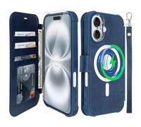 VANAVAGY Compatible for iPhone 16 Plus Wallet Case for Magsafe Wireless Charging,Leather Flip[Glass Screen Protectors and Camera Lens Protectors]with RFID Block Card Holder,Navy Blue