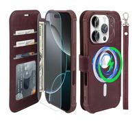 VANAVAGY Compatible for iPhone 16 Pro Max Wallet Case for Magsafe Wireless Charging,Leather Flip Wrist [Glass Screen Protectors and Camera Lens Protectors]with RFID Block Card Holder,Burgundy