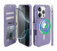 VANAVAGY Compatible for iPhone 16 Pro Max Wallet Case for Magsafe Wireless Charging,Leather Flip Wrist [Glass Screen Protectors and Camera Lens Protectors]with RFID Block Card Holder,Clove Purple