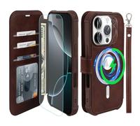VANAVAGY Compatible for iPhone 16 Pro Max Wallet Case for Magsafe Wireless Charging,Leather Flip Wrist [Glass Screen Protectors and Camera Lens Protectors]with RFID Block Card Holder,Brown