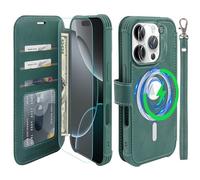 VANAVAGY Compatible for iPhone 16 Pro Wallet Case for Magsafe Wireless Charging,Leather Flip Folio Wrist [Glass Screen Protectors and Camera Lens Protectors]with RFID Block Card Holder,Forest Green