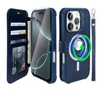 VANAVAGY Compatible for iPhone 16 Pro Wallet Case for Magsafe Wireless Charging,Leather Flip Folio Wrist [Glass Screen Protectors and Camera Lens Protectors]with RFID Block Card Holder,Navy Blue