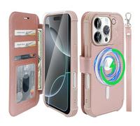 VANAVAGY Compatible for iPhone 16 Pro Wallet Case for Magsafe Wireless Charging,Leather Flip Folio Wrist [Glass Screen Protectors and Camera Lens Protectors]with RFID Block Card Holder,Rose Gold