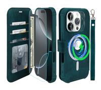 VANAVAGY Compatible for iPhone 16 Pro Wallet Case for Magsafe Wireless Charging,Leather Flip Folio Wrist [Glass Screen Protectors and Camera Lens Protectors]with RFID Block Card Holder,Midnight Green