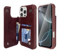VANAVAGY Compatible for iPhone 16 Pro Wallet Case with Credit Card Holder,Rfid Leather Flip Folio Phone Cover Fits Magnetic Car Mount and Stand with Screen Camera Protector,Burgundy