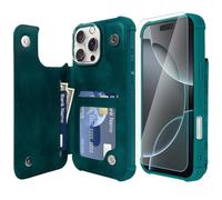 VANAVAGY Compatible for iPhone 16 Pro Wallet Case with Credit Card Holder,Rfid Leather Flip Folio Phone Cover Fits Magnetic Car Mount and Stand with Screen Camera Protector,Midnight Green
