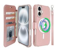 VANAVAGY Compatible for iPhone 16 Wallet Case for Magsafe Wireless Charging,Leather Flip Folio Wrist [Glass Screen Protectors and Camera Lens Protectors]with RFID Block Card Holder,Rose Gold