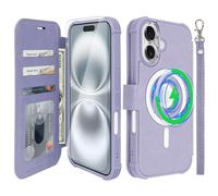 VANAVAGY Compatible for iPhone 16 Wallet Case for Magsafe Wireless Charging,Leather Flip Folio Wrist [Glass Screen Protectors and Camera Lens Protectors]with RFID Block Card Holder,Clove Purple