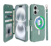 VANAVAGY Compatible for iPhone 16 Wallet Case for Magsafe Wireless Charging,Leather Flip Folio Wrist [Glass Screen Protectors and Camera Lens Protectors]with RFID Block Card Holder,Forest Green