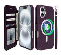 VANAVAGY Compatible for iPhone 16 Wallet Case for Magsafe Wireless Charging,Leather Flip Folio Wrist [Glass Screen Protectors and Camera Lens Protectors]with RFID Block Card Holder,Purple