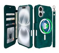 VANAVAGY Compatible for iPhone 16 Wallet Case for Magsafe Wireless Charging,Leather Flip Folio Wrist [Glass Screen Protectors and Camera Lens Protectors]with RFID Block Card Holder,Midnight Green