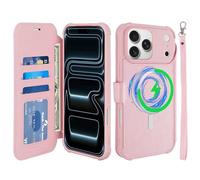 VANAVAGY Compatible for iPhone 17 Pro Max Wallet Case for Magsafe Wireless Charging, [Screen Protector] PU Leather Flip Folio Shockproof Cover with Wrist Strap RFID Blocking Card Holder,Chalk Pink
