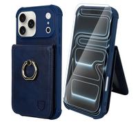 VANAVAGY Compatible for iPhone 17 Pro Max Wallet Case with RFID Blocking Card Holder, [Screen Protector] PU Leather Shockproof Case Magnetic Clasp Ring Kickstand Flip Cover for Women Men,Navy Blue