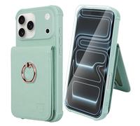 VANAVAGY Compatible for iPhone 17 Pro Max Wallet Case with RFID Blocking Card Holder, [Screen Protector] PU Leather Shockproof Case Magnetic Clasp Ring Kickstand Flip Cover for Women Men,Light Mint
