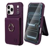 VANAVAGY Compatible for iPhone 17 Pro Max Wallet Case with RFID Blocking Card Holder, [Screen Protector] PU Leather Shockproof Case Magnetic Clasp Ring Kickstand Phone Cover for Women Men,Dark Purple