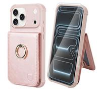 VANAVAGY Compatible for iPhone 17 Pro Wallet Case with RFID Blocking Card Holder, [Screen Protector] PU Leather Shockproof Case Magnetic Clasp Ring Kickstand Flip Phone Cover for Women Men,Rosegold