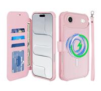 VANAVAGY Compatible for iPhone Air Wallet Case for Magsafe Wireless Charging, [Screen Protector] PU Leather Flip Folio Shockproof Phone Cover with Wrist Strap RFID Blocking Card Holder,Chalk Pink