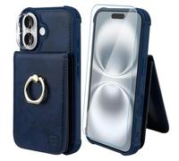 VANAVAGY for iPhone 16 Plus Wallet Case with Credit Card Holder and Coin Pocket[360° Rotation Ring Kickstand ],Leather Magnetic Clasp Flip Folio Phone Cover for Women and Men 6.7 Inch,Navy blue