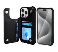 VANAVAGY Wallet Case Compatible for iPhone 15 Pro Max,Leather Flip Folio Shockproof Phone Cover Fit Magnetic Car Mount [Screen Protector Included] with Credit Card Holder, Black