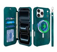 VANAVAGY Wallet Case for iPhone 18 Pro/17 Pro for Magsafe,Midnight Green | PU Leather Flip,Slim,12ft Drop Protection,RFID Blocking Card Holder,Magsafe Wireless Charging,Includes Screen Protector