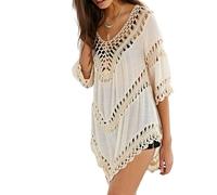 Vanbuy Women’s Boho V Neck Crochet Tunic Tops Blouse Shirt Hollow Out Beach Swimsuit Cover up, Beige, M