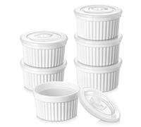 vancasso 10 oz Ramekins with Covers, Souffle Dishes Set of 6, 10.6cm White Porcelain Creme Brulee Ramekins, Baking Cups for Pudding, Fruits, Dips, Dishwasher and Oven Safe