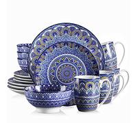 vancasso 16 Pieces Porcelain Dinner Set for 4 - Mandala Dinnerware Dish Set Artisanal Pieces with 10.5in Dinner Plate, 8in Dessert Plate, 6in Bowl and 13oz Mug, Boho Blue Tableware