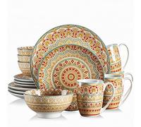 vancasso 16 Pieces Porcelain Dinner Set for 4 - Mandala Dinnerware Dish Set Artisanal Pieces with 10.5in Dinner Plate, 8in Dessert Plate, 6in Bowl and 13oz Mug, Boho Yellow Tableware