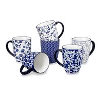vancasso 16oz Selene Ceramic Mugs Set of 6, Vintage Blue and White Coffee Cups for Tea, Latte & Cappuccino, Large Drinkware Gift Set, Microwave & Dishwasher Safe