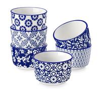 vancasso 4oz Small Ramekins Set of 6 - Ceramic Dipping Bowls, Baking Cups for Microwave & Desserts | Dishwasher Safe, Handmade Blue Floral Design