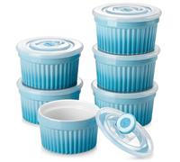 vancasso 8 oz Ramekins with Lids, Souffle Dishes Set of 6, 10.1cm Porcelain Creme Brulee Ramekins, Baking Cups for Pudding, Fruits, Dips, Dishwasher and Oven Safe, Blue