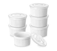 vancasso 8 oz Ramekins with Lids, Souffle Dishes Set of 6, 10.1cm White Porcelain Creme Brulee Ramekins, Baking Cups for Pudding, Fruits, Dips, Dishwasher and Oven Safe