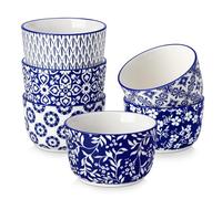 vancasso 8oz Selene Ceramic Ramekins Set of 6 - Dipping Bowls, Microwave & Dishwasher Safe Baking Souffle Cups for Desserts, Hand-Painted Blue & White Floral Design