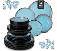 vancasso Amber 48 Pieces Dinner Set for 12, Reactive Glaze Stoneware Plates and Bowls Set, Blue Crockery Set with Dinner Plates, Dessert Plates, Soup Bowls & Cereal Bowls, Microwave & Dishwasher Safe