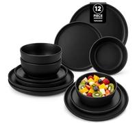vancasso Black Dinner Set for 4, 12 Piece Elegant Crockery Sets with Matte Glaze, Modern Style Playa Plates and Bowls Set, Dishwasher & Microwave Safe