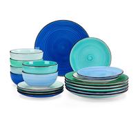 vancasso Bonita Blue Dinner Set- 18 Pieces Stoneware Dinnerware Set for 6, Handpainted Spirals Pattern Ceramic Combination Set with 10.5in Dinner Plate, 7.5in Dessert Plate and 800ml Soup Bowl