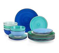 vancasso Bonita Blue Dinner Set- 18 Pieces Stoneware Dinnerware Set for 6, Handpainted Spirals Pattern Ceramic Combination Set with 10.5in Dinner Plate, 7.5in Dessert Plate and 800ml Soup Bowl