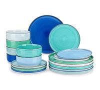vancasso Bonita Blue Dinner Set, Handpainted Swirls Dinner Sets for 6 People, 18-Piece Plates and Bowls Set in Cool Tones, Include Dinner Plates, Dessert Plates, and Cereal Bowl