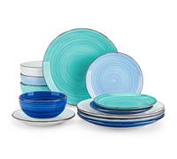 vancasso Bonita Dinnerware Set Blue Stoneware 12 Pieces Service for 4, Handpainted Spirals Pattern Stoneware Plates and Bowls Set