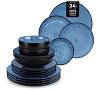 vancasso Bubble Blue Dinner Set, 24 Pieces Dinner Sets for 6 People, Reactive Glaze Plates and Bowls Set in Vintage Look, Include Dinner Plates, Dessert Plates, Pasta Bowls and Soup Bowl