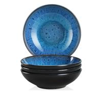 vancasso Bubble Stoneware Wide and Deep Pasta Bowl Set, 4-Piece Reactive Glaze Blue Soup Plate, 8.2in Soup Bowl Large Bowl. 950ml/32oz