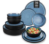 vancasso Dinner Sets for 12 People, 36-Piece Reactive Glaze Dinner Set, Mediterranean Crockery Set with Dinner Plates, Dessert Plate and Cereal Bowls, Playa Blue