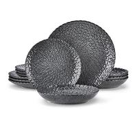 vancasso Dinner Sets, Grey Reactive Glaze Crockery Set, 12-Piece Ceramic Plates and Bowls Set with Dinner Plate, Dessert Plate and Pasta Bowl. Chrysanthemum Embossed, Service for 4