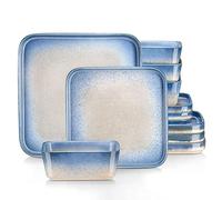 vancasso Dinner Sets, Square Reactive Glaze Crockery Set, 12-Piece Ceramic Plates and Bowls Set with Dinner Plate, Dessert Plate and Bowl. Vintage Blue Look, Service for 4