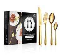 vancasso Gold Cutlery Set, 48 Piece Food-Grade Stainless Steel Silverware Cutlery Set for 12 People, Mirror Polished Cutlery Sets Include Knives/Spoons/Forks, Gift Package for Wedding Housewarming