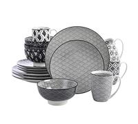 Vancasso Haruka 16 Pieces Dinner Set Porcelain Hand Painted Japanese Style Grey Spot Dinner Service Set Crockery with 10.6" Dinner Plate 8.5" Dessert Plate 6" Bowl and 13 Ounce Mug, Service for 4